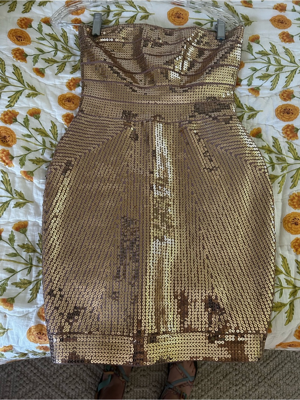 Strapless Sequin body con sequin dress in Metallic Gold
